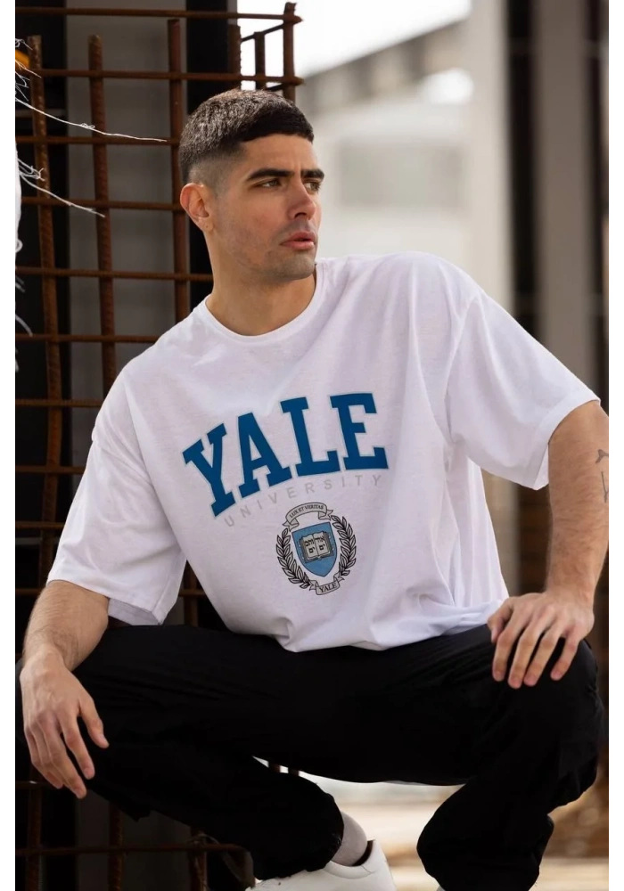 Unisex Bisiklet Yaka Baskılı Oversize T-Shirt - Beyaz