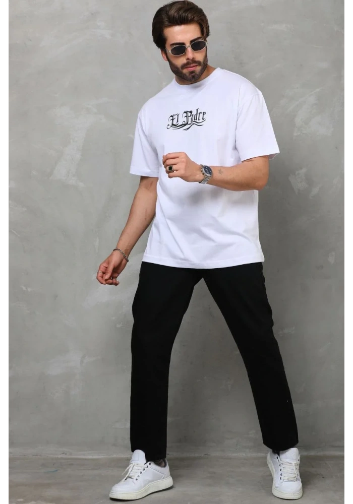Erkek Bisiklet Yaka Baskılı Oversize T-Shirt - Beyaz