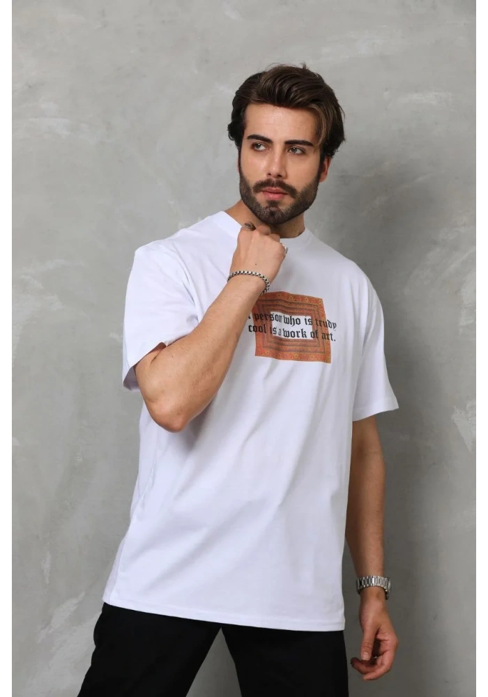 Erkek Bisiklet Yaka Baskılı Oversize T-Shirt - Beyaz