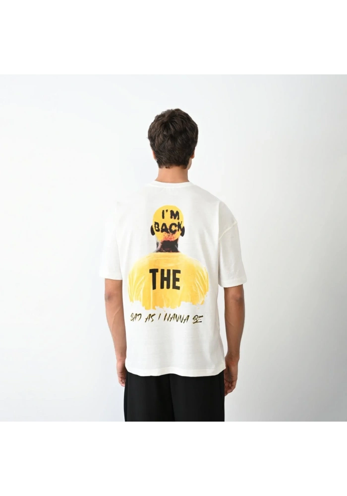 Erkek  Bisiklet Yaka Baskılı Oversize T-Shirt - Beyaz