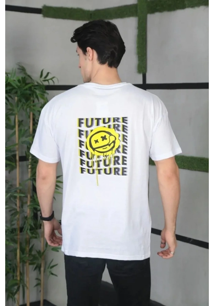 ERKEK Bisiklet Yaka Baskılı Oversize T-Shirt - Beyaz