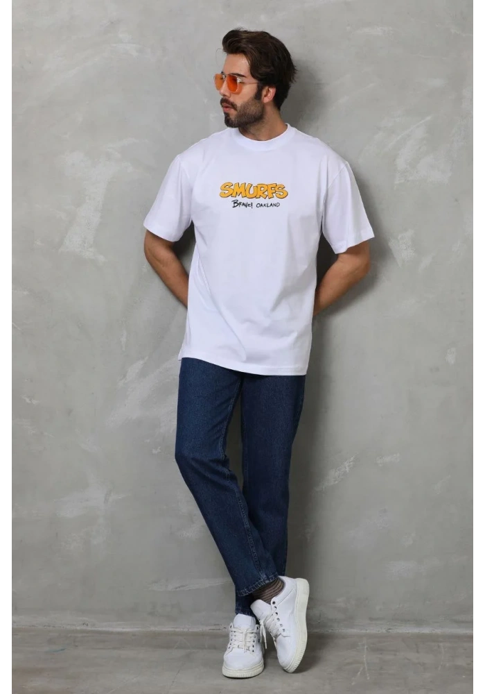 Erkek  Bisiklet Yaka Baskılı Oversize T-Shirt - Beyaz