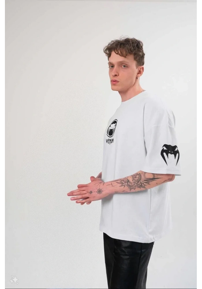 Erkek Bisiklet Yaka Baskılı Oversize T-Shirt - Beyaz