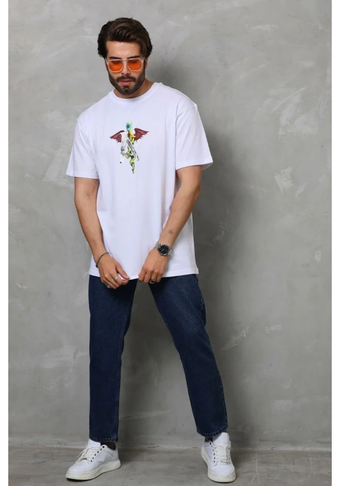 Erkek Bisiklet Yaka Baskılı Oversize - Beyaz