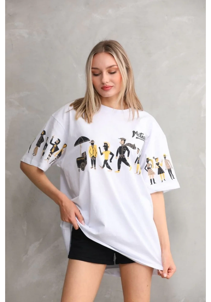 kadın  Bisiklet Yaka Baskılı Oversize T-Shirt - Beyaz