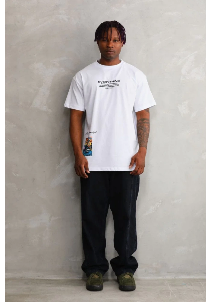 Erkek Bisiklet Yaka Baskılı Oversize T-Shirt - Beyaz
