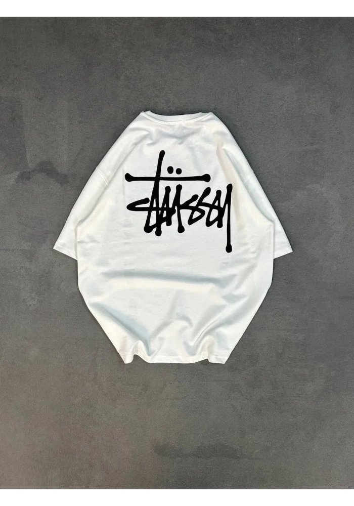 Bisiklet Yaka Baskılı Oversize T-Shirt - Beyaz