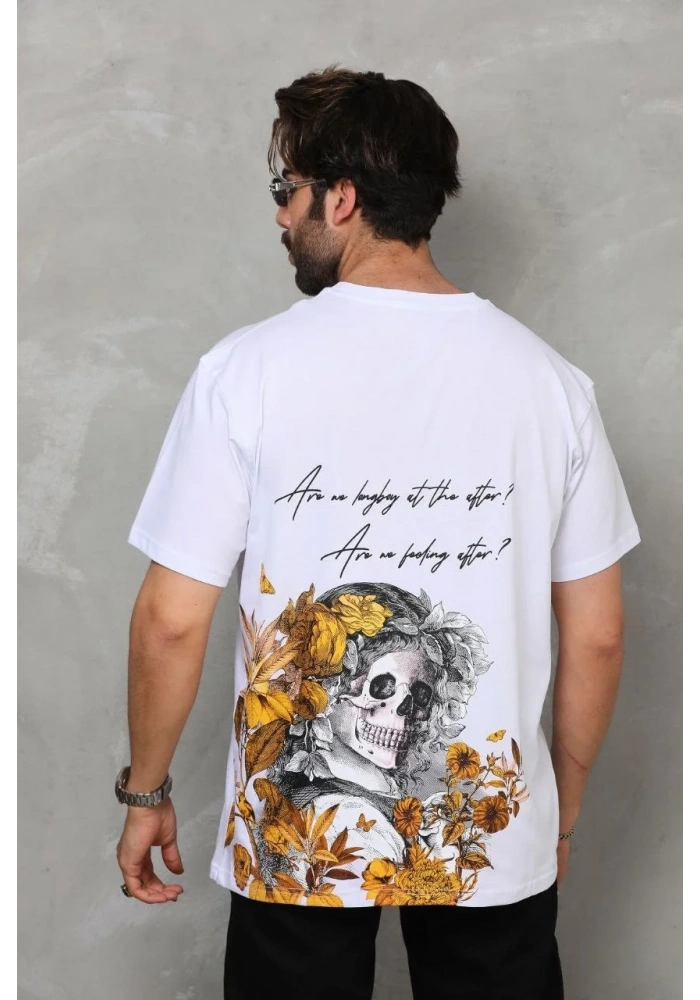 Erkek  Bisiklet Yaka Baskılı Oversize T-Shirt - Beyaz