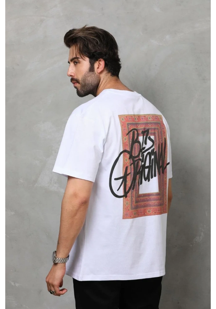 Erkek Bisiklet Yaka Baskılı Oversize T-Shirt - Beyaz