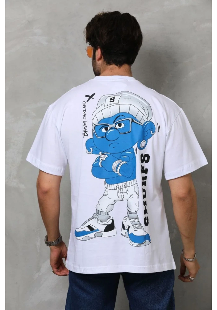 Erkek  Bisiklet Yaka Baskılı Oversize T-Shirt - Beyaz