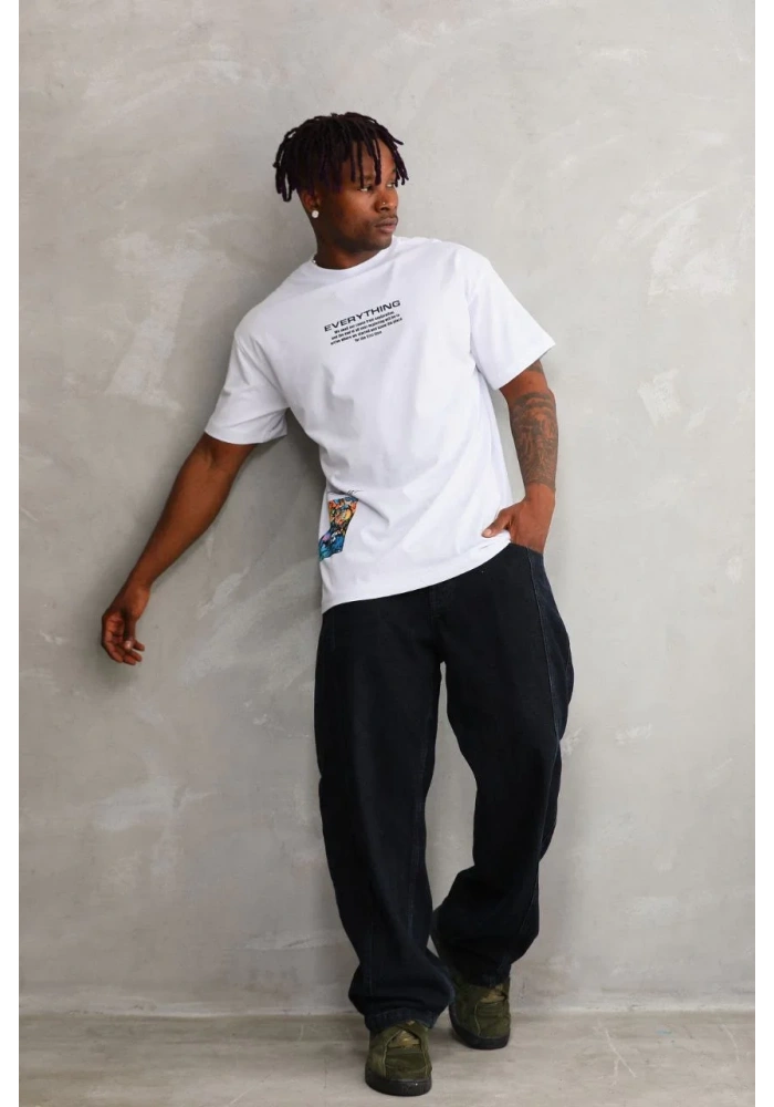 Erkek Bisiklet Yaka Baskılı Oversize T-Shirt - Beyaz