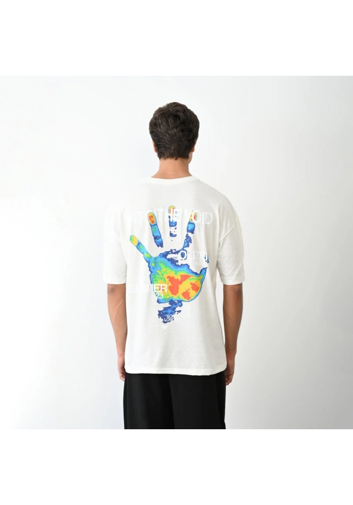 Erkek Bisiklet Yaka Baskılı Oversize T-Shirt - Beyaz