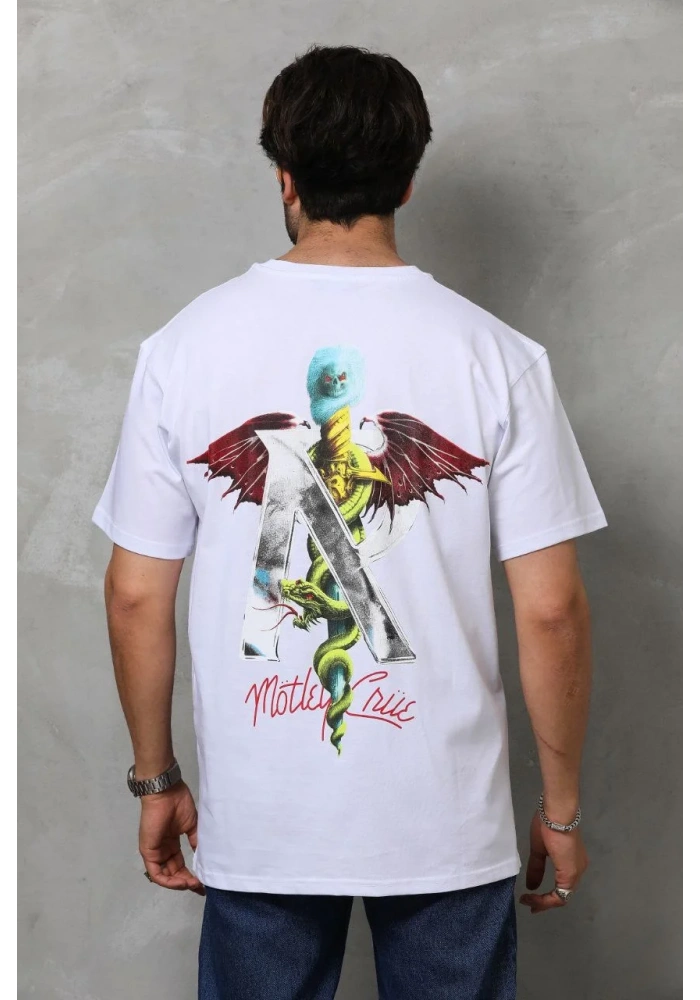 Erkek Bisiklet Yaka Baskılı Oversize - Beyaz