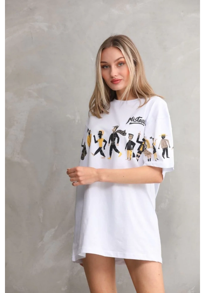 kadın  Bisiklet Yaka Baskılı Oversize T-Shirt - Beyaz