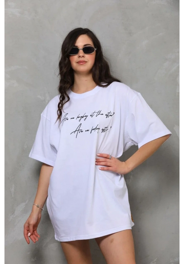 kadın Bisiklet Yaka Baskılı Oversize T-Shirt - Beyaz