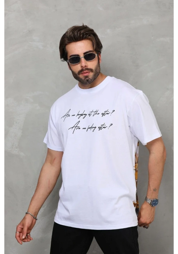 Erkek  Bisiklet Yaka Baskılı Oversize T-Shirt - Beyaz