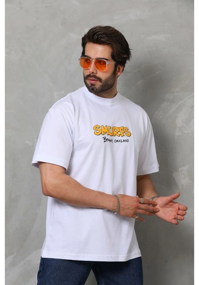 Erkek  Bisiklet Yaka Baskılı Oversize T-Shirt - Beyaz
