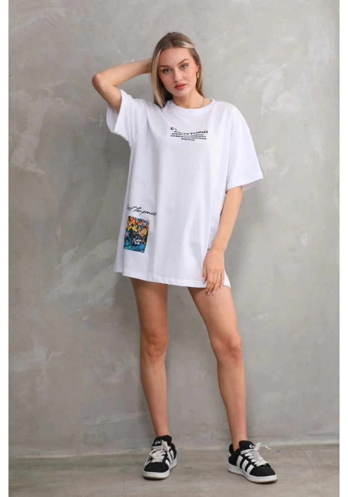 kadın Bisiklet Yaka Baskılı Oversize T-Shirt - Beyaz