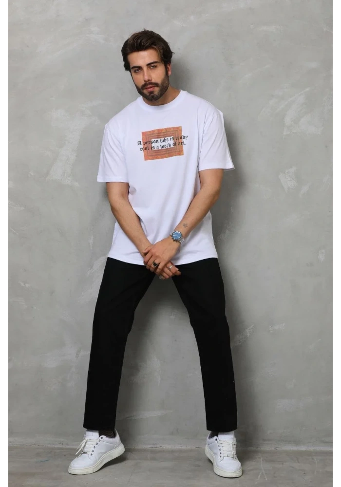 Erkek Bisiklet Yaka Baskılı Oversize T-Shirt - Beyaz