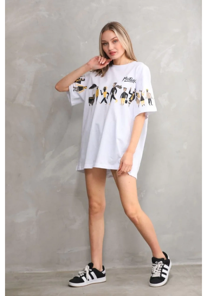 kadın  Bisiklet Yaka Baskılı Oversize T-Shirt - Beyaz