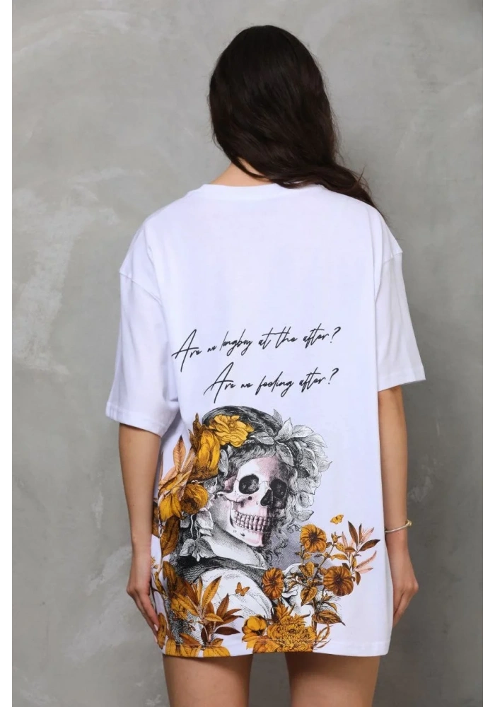 kadın Bisiklet Yaka Baskılı Oversize T-Shirt - Beyaz
