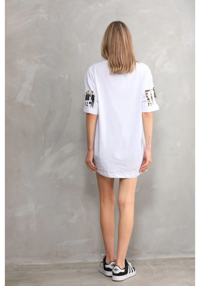 kadın  Bisiklet Yaka Baskılı Oversize T-Shirt - Beyaz