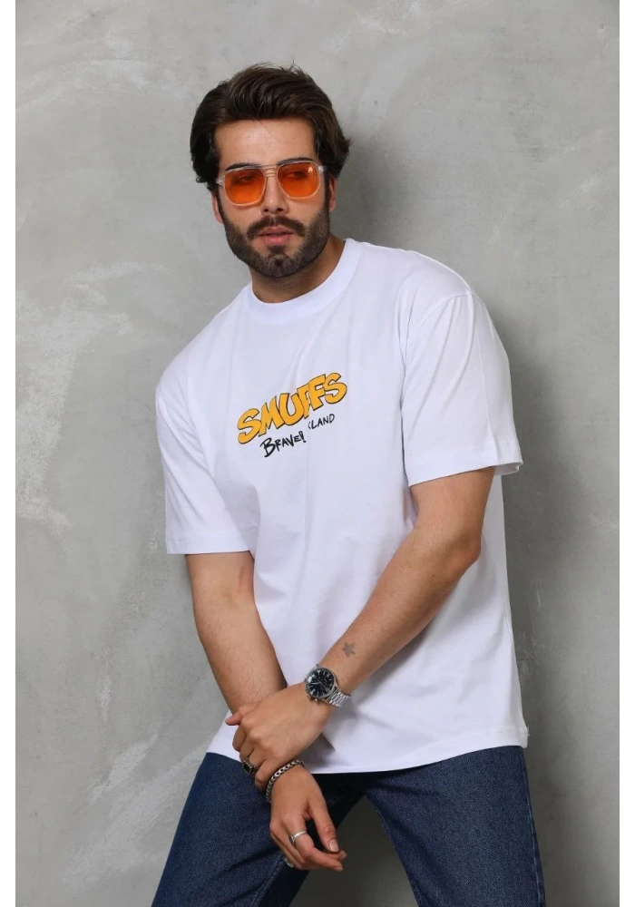 Erkek  Bisiklet Yaka Baskılı Oversize T-Shirt - Beyaz