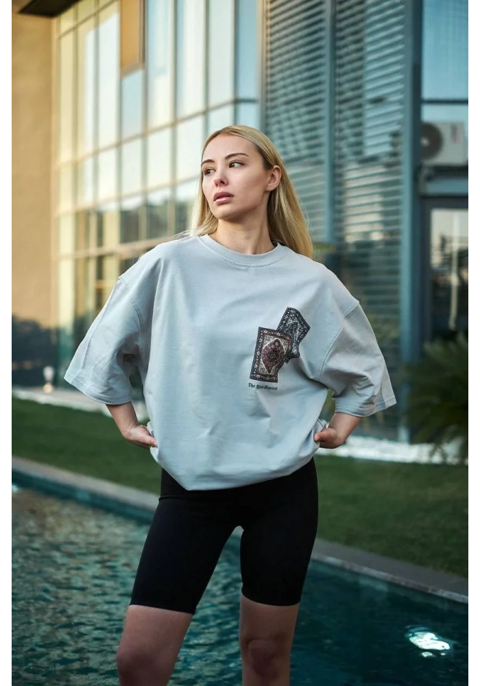 kadın Bisiklet Yaka Baskılı Oversize T-Shirt - Boyalı Gri
