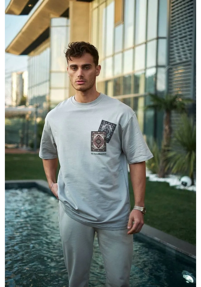 ERKEK Bisiklet Yaka kilim Baskılı Oversize T-Shirt - Boyalı Gri