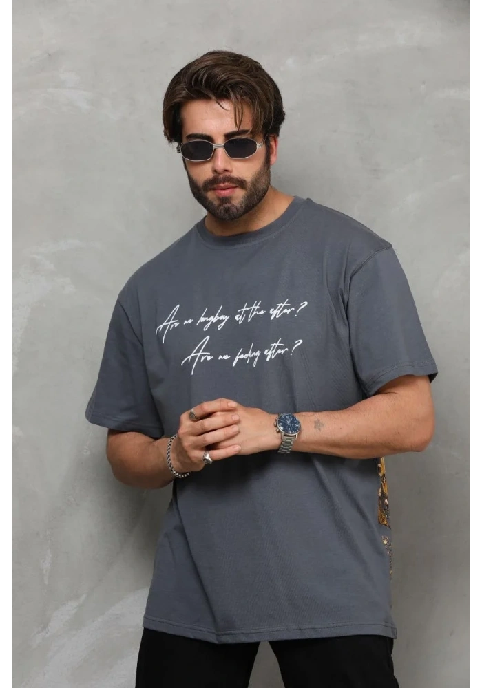 Erkek Bisiklet Yaka Baskılı Oversize T-Shirt - Füme