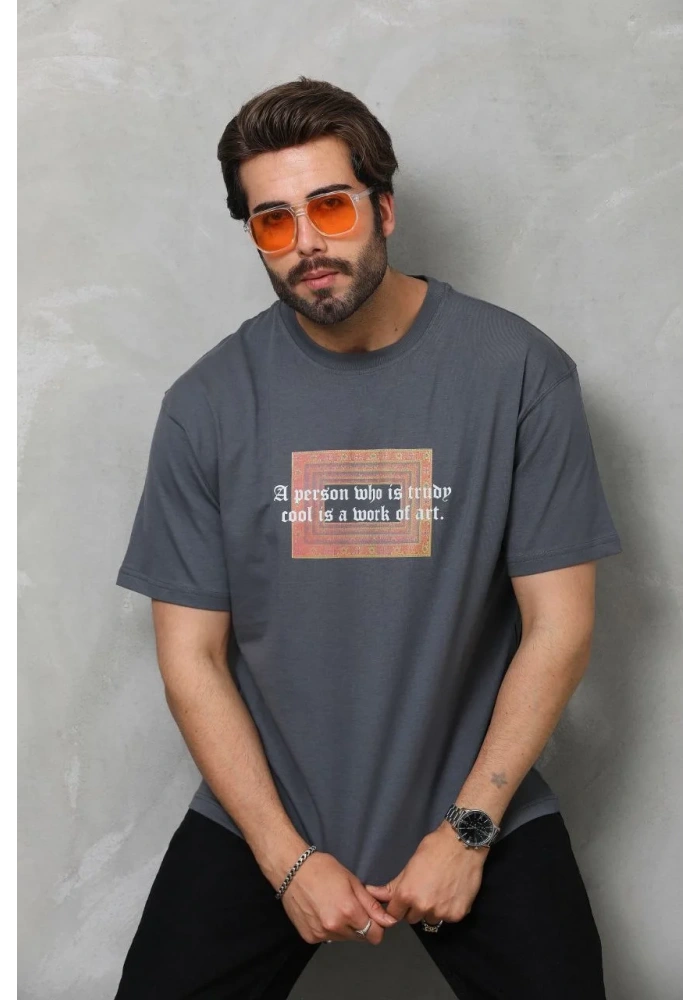 Erkek  Bisiklet Yaka Baskılı Oversize T-Shirt - Füme