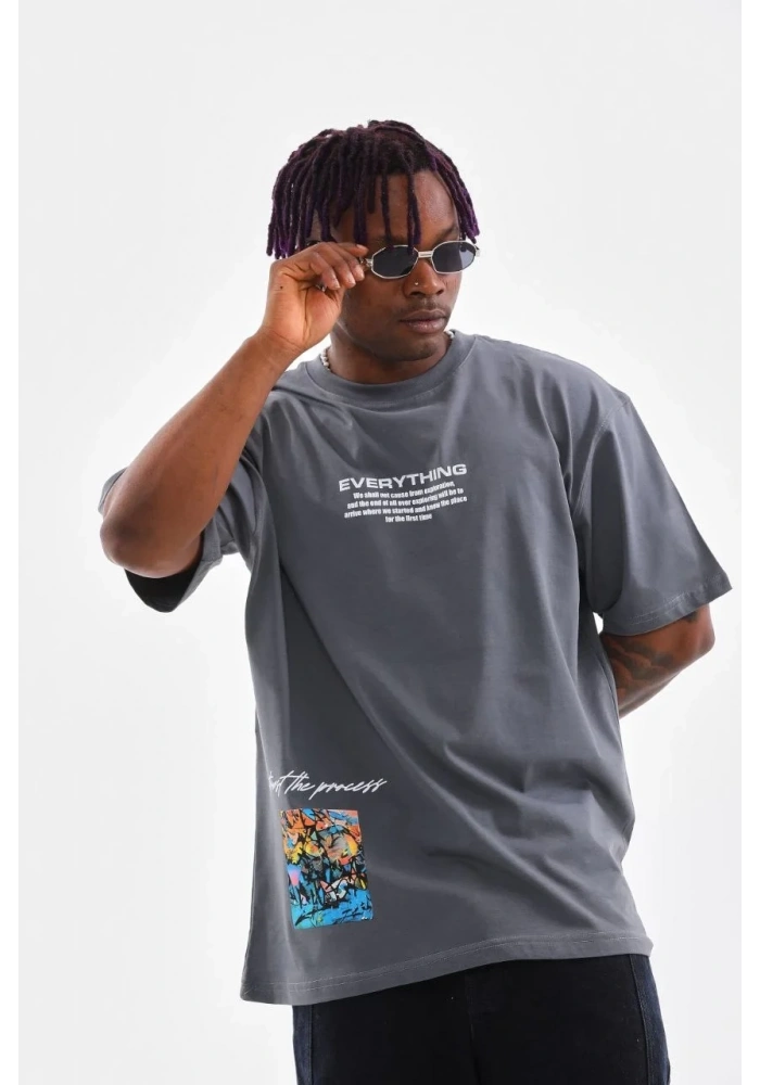Erkek  Bisiklet Yaka Baskılı Oversize T-Shirt - Gri