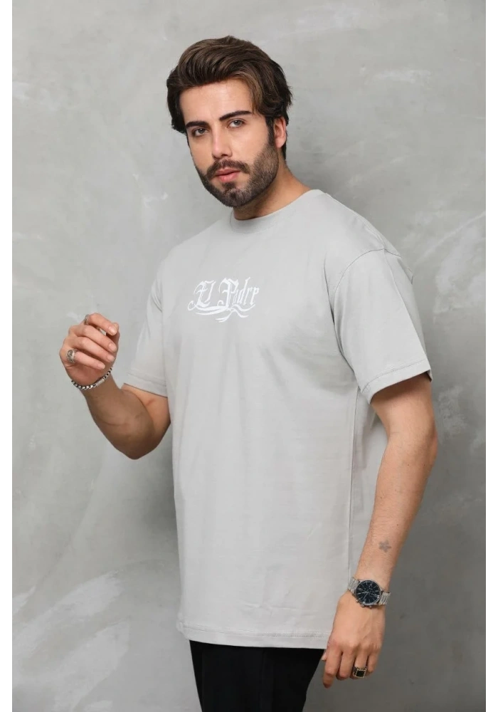 Erkek  Bisiklet Yaka Baskılı Oversize T-Shirt - Gri