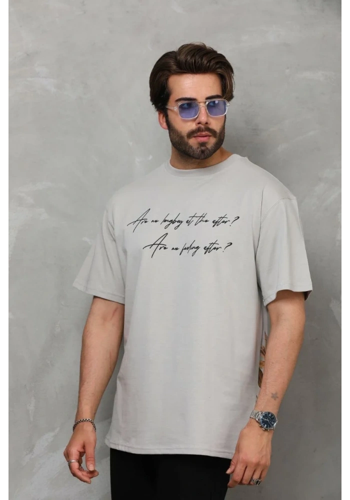 Erkek  Bisiklet Yaka Baskılı Oversize T-Shirt - Gri