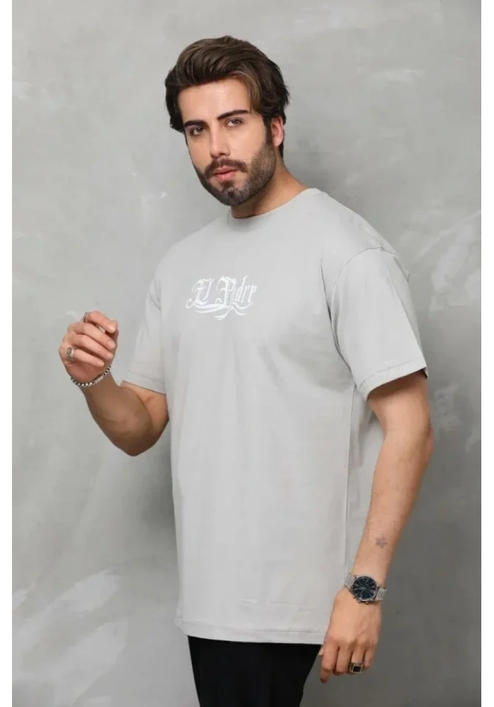 Unisex Bisiklet Yaka Baskılı Oversize T-Shirt - Gri