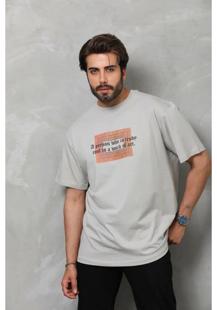 Erkek  Bisiklet Yaka Baskılı Oversize T-Shirt - Gri