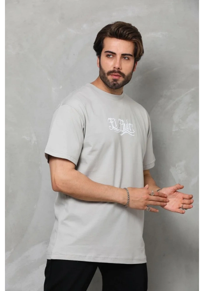 Erkek  Bisiklet Yaka Baskılı Oversize T-Shirt - Gri