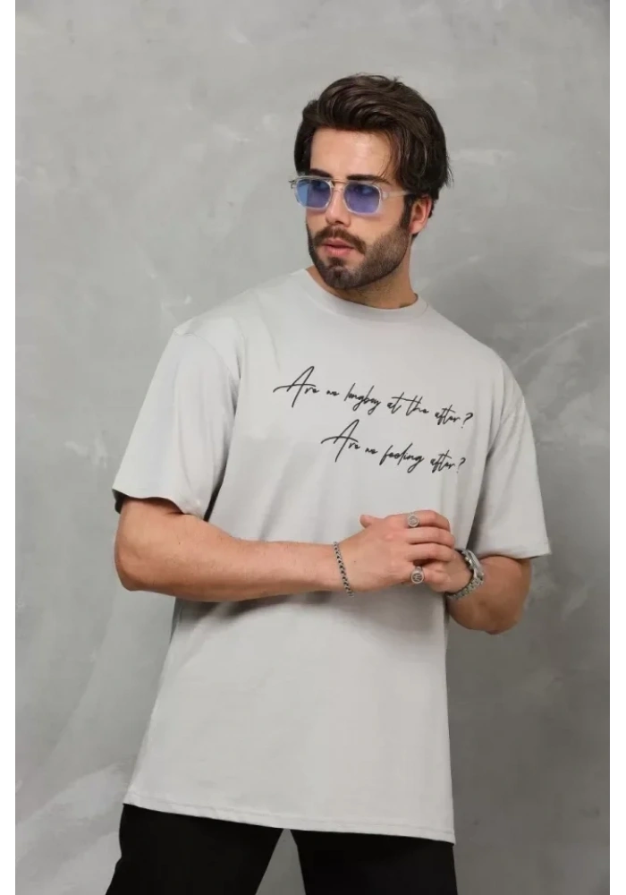 Unisex Bisiklet Yaka Baskılı Oversize T-Shirt - Gri