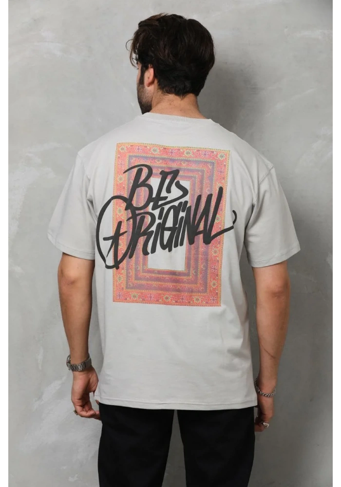 Erkek  Bisiklet Yaka Baskılı Oversize T-Shirt - Gri