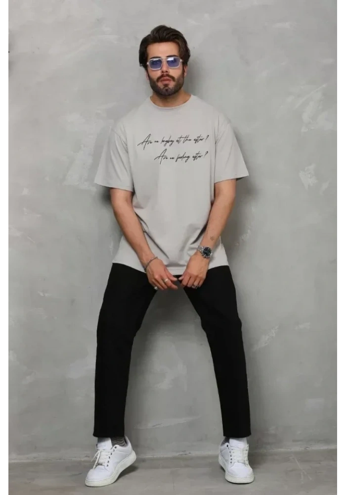 Unisex Bisiklet Yaka Baskılı Oversize T-Shirt - Gri