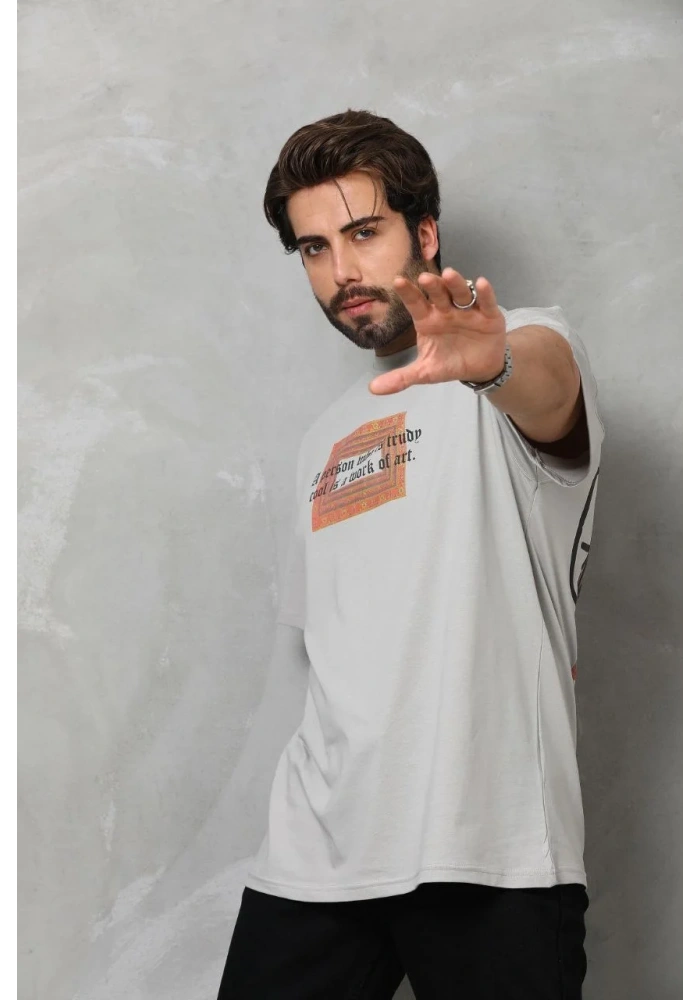 Erkek  Bisiklet Yaka Baskılı Oversize T-Shirt - Gri