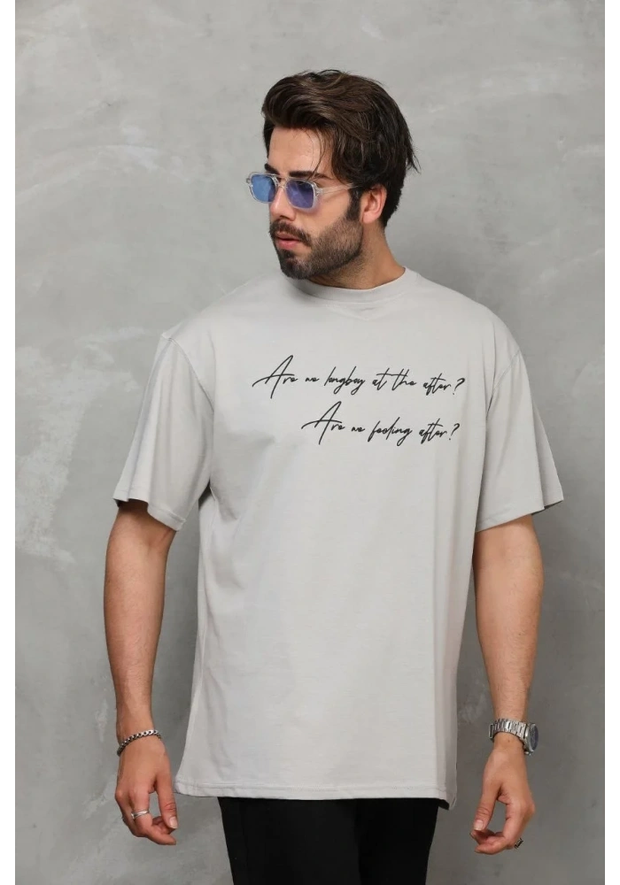 Erkek  Bisiklet Yaka Baskılı Oversize T-Shirt - Gri
