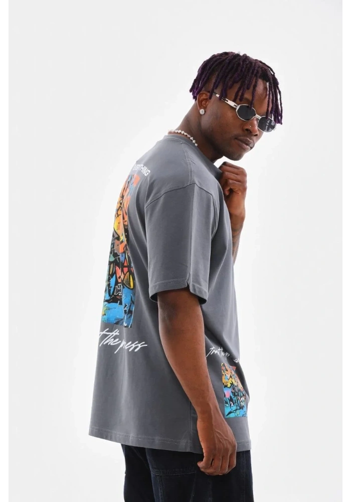 Erkek  Bisiklet Yaka Baskılı Oversize T-Shirt - Gri