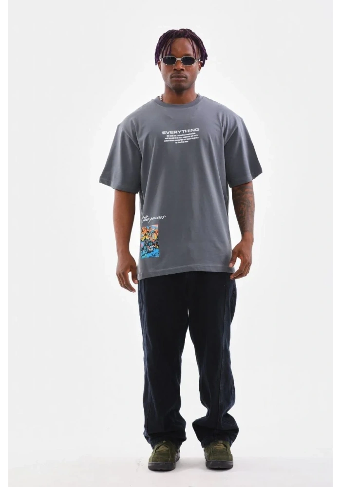 Erkek  Bisiklet Yaka Baskılı Oversize T-Shirt - Gri