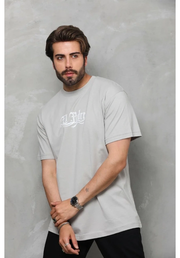 Erkek  Bisiklet Yaka Baskılı Oversize T-Shirt - Gri