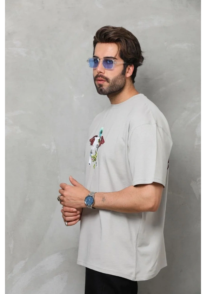 Erkek Bisiklet Yaka Baskılı T-Shirt - Gri