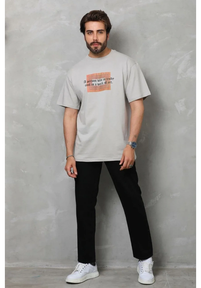 Erkek  Bisiklet Yaka Baskılı Oversize T-Shirt - Gri