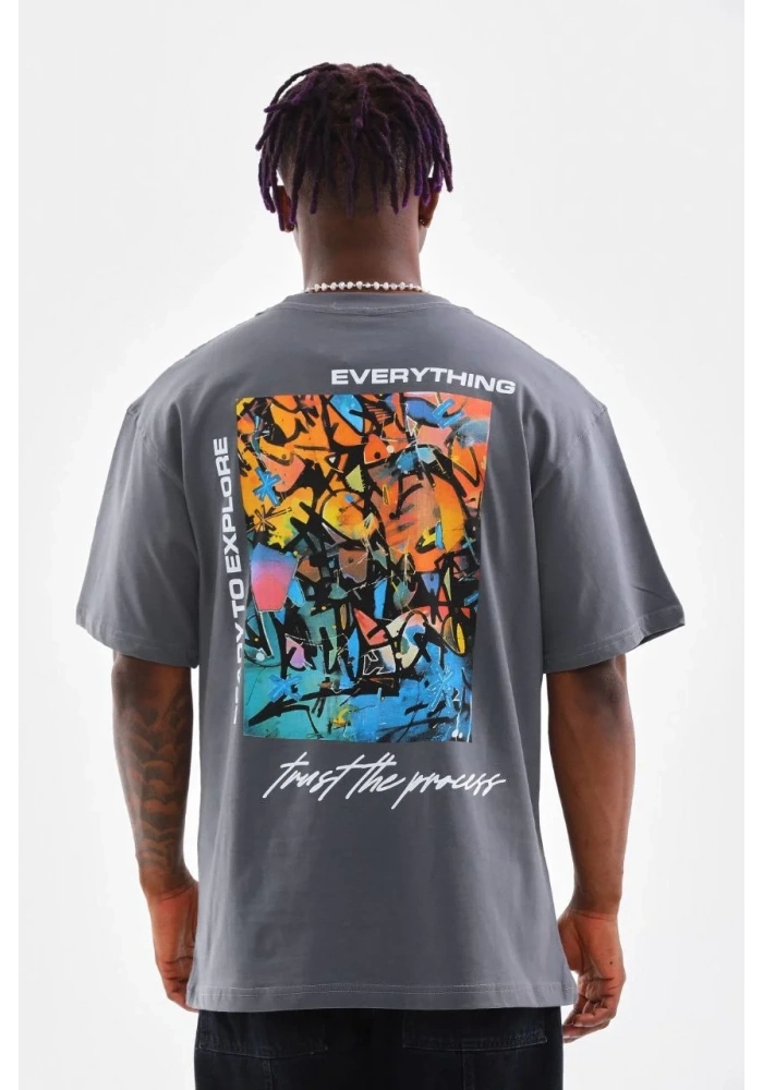 Erkek  Bisiklet Yaka Baskılı Oversize T-Shirt - Gri