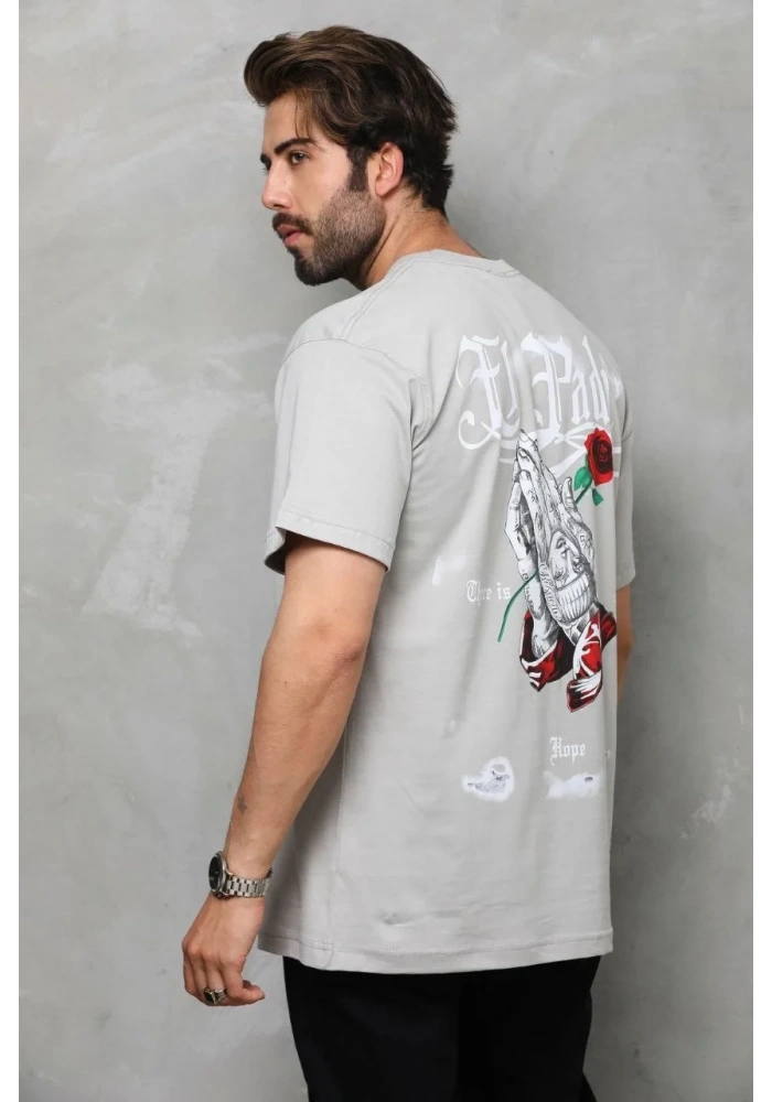 Erkek  Bisiklet Yaka Baskılı Oversize T-Shirt - Gri