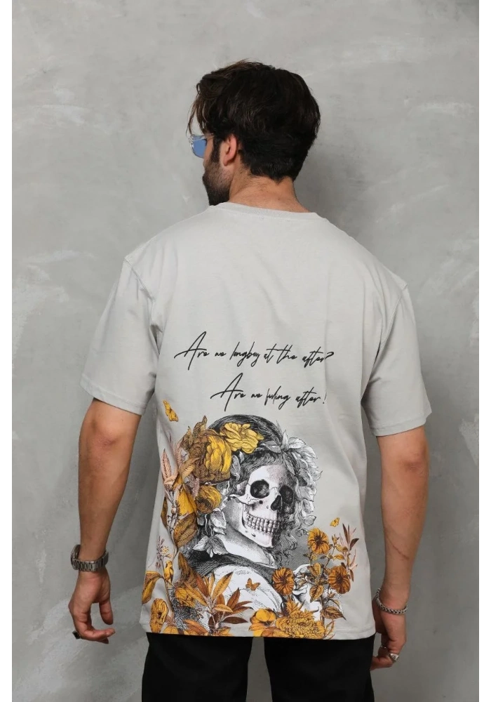 Erkek  Bisiklet Yaka Baskılı Oversize T-Shirt - Gri